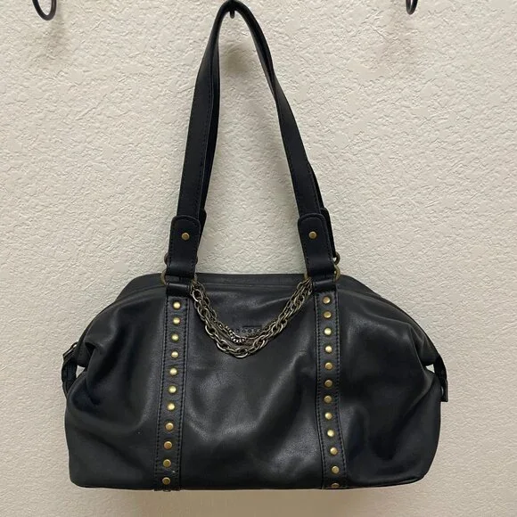 Kennth Cole Reaction Chic Edgy Black Leather bag/Studs & Chain Bronze Accents - Picture 1 of 9